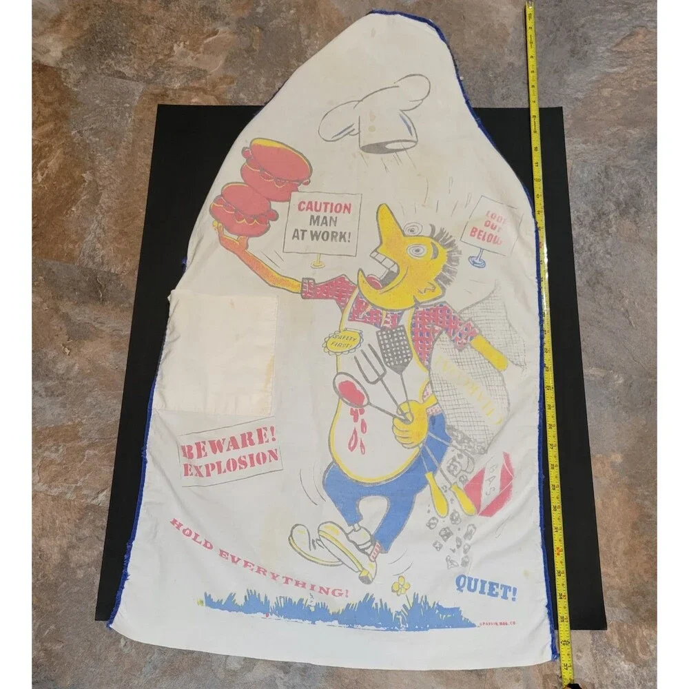 Vintage 1960's Chef's cooks cartoon apron BBQ grill barbeque charcoal well loved